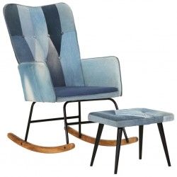 Cadeira de balanço com apoio de pés remendos lona azul denim