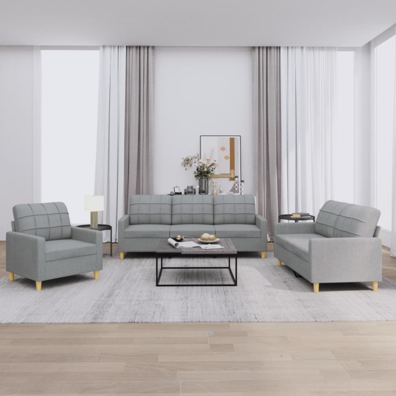 3 pcs conjunto de sofás com almofadões tecido cinzento-claro