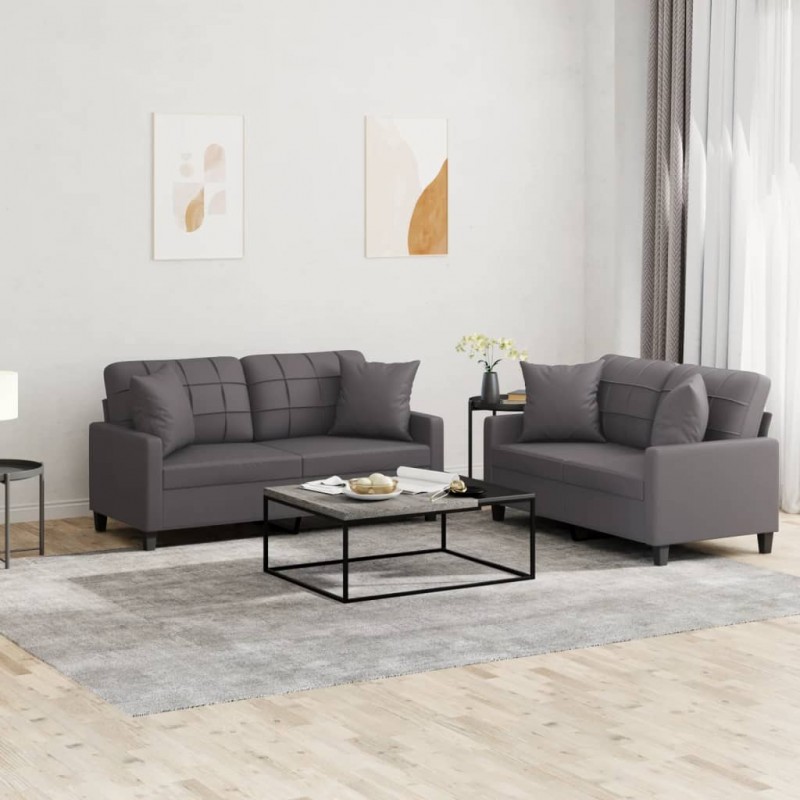 2 pcs conjunto de sofás com almofadas couro artificial cinzento