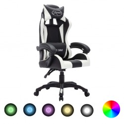 Tander Cadeira estilo corrida luzes LED RGB couro artif. branco/preto