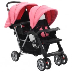 Tander Carrinho de bebé para gémeos aço cor-de-rosa e preto